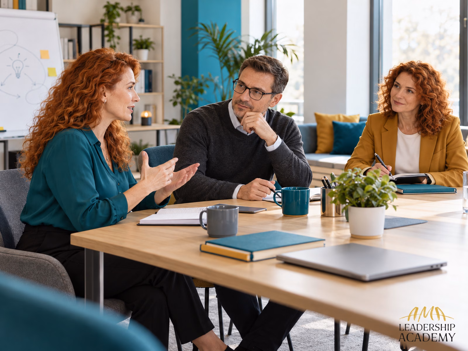 Trei colegi participă la un exercițiu de coaching, cu o persoană care vorbește și una care observă și notează.